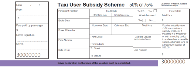 A photo of 70 percent wheelchair taxi voucher.